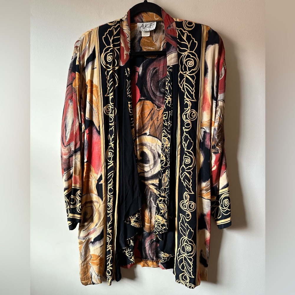 Vintage 80s AKF New York Art To Wear Abstract Floral Rayon Cardigan Boho